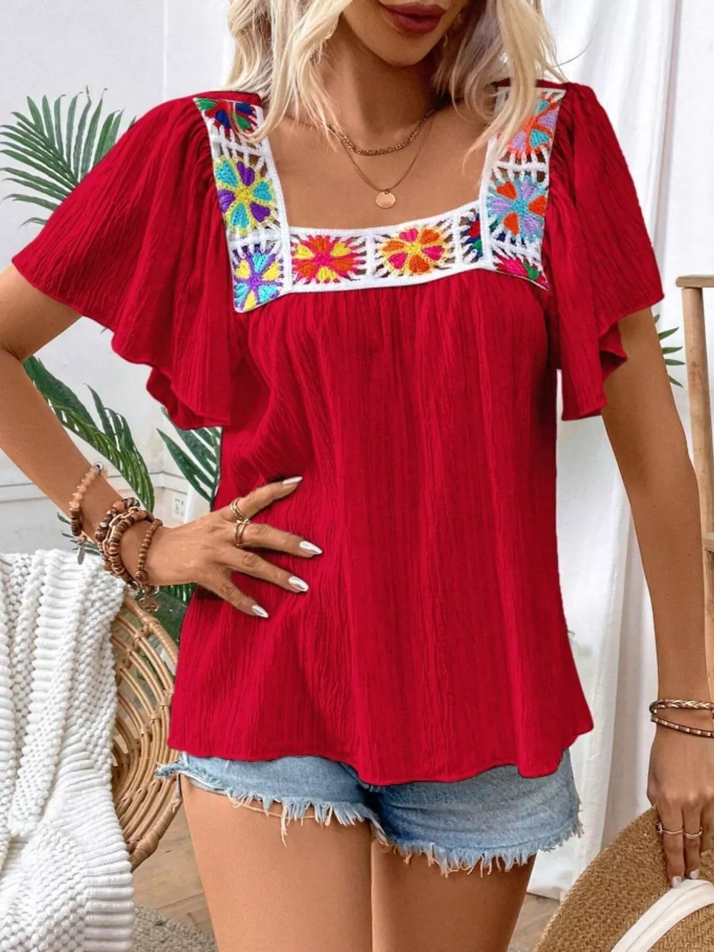 Embroidered Square Neck Flutter Sleeve Blouse, image 2