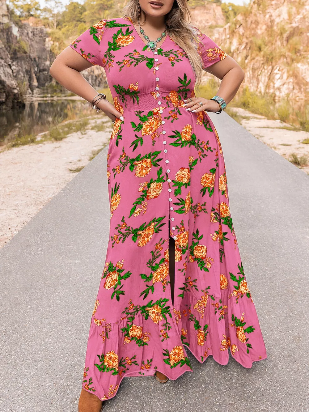 Plus Size Floral V-Neck Short Sleeve Maxi Dress, image 4