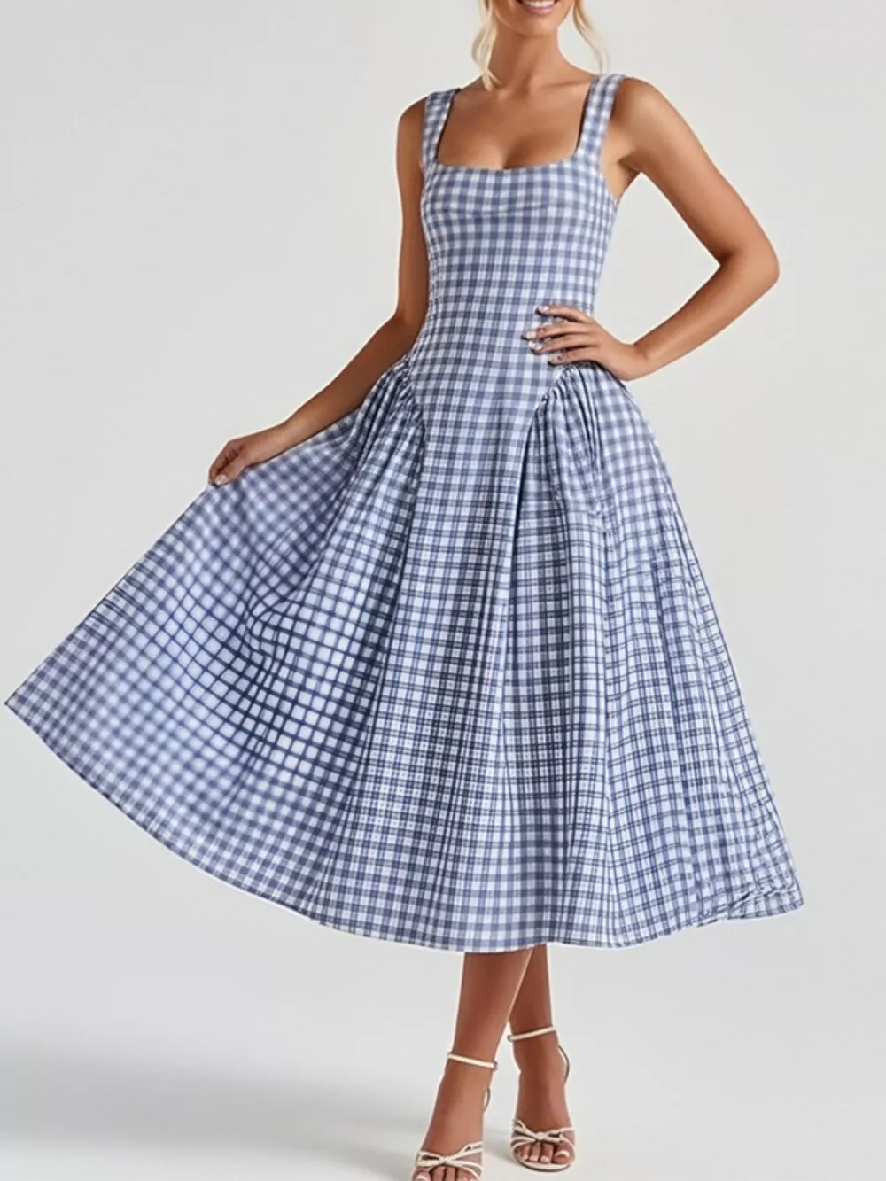 Full Size Plaid Square Neckline Midi Dress Plus Size, image 16