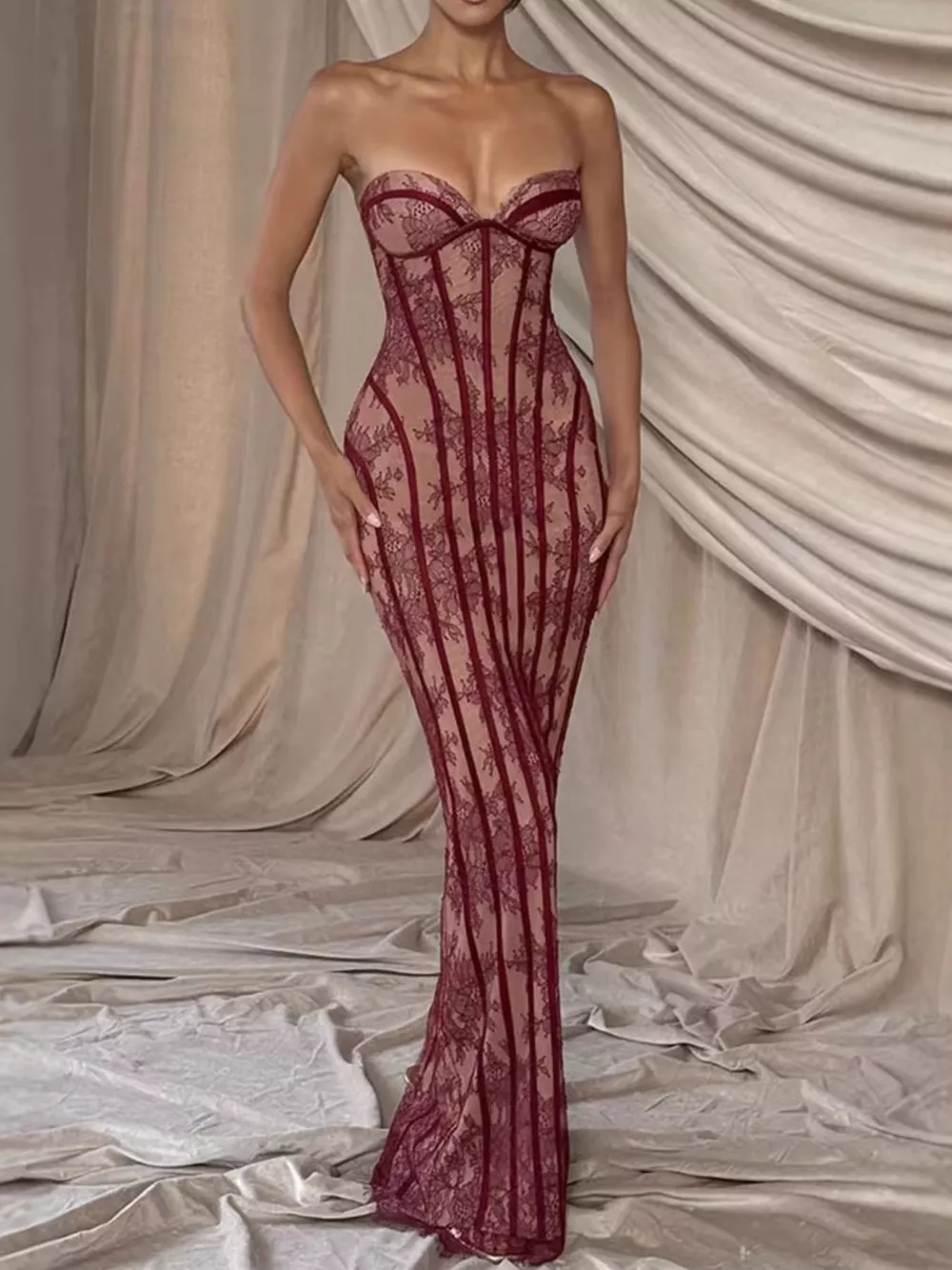 Lace Up Back Strapless Maxi Dress, image 5