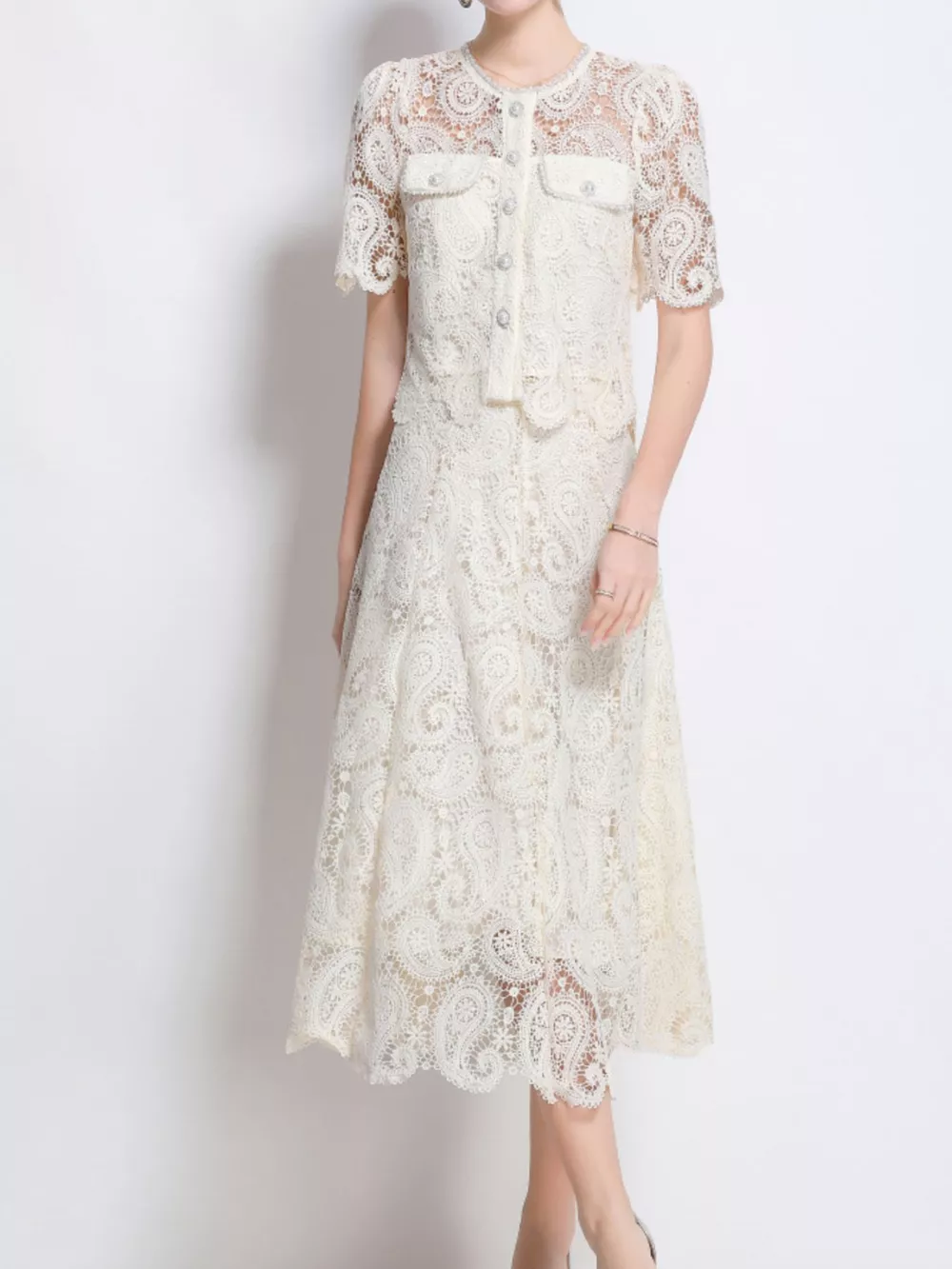 Lace Button Up Top and Skirt Set, image 5