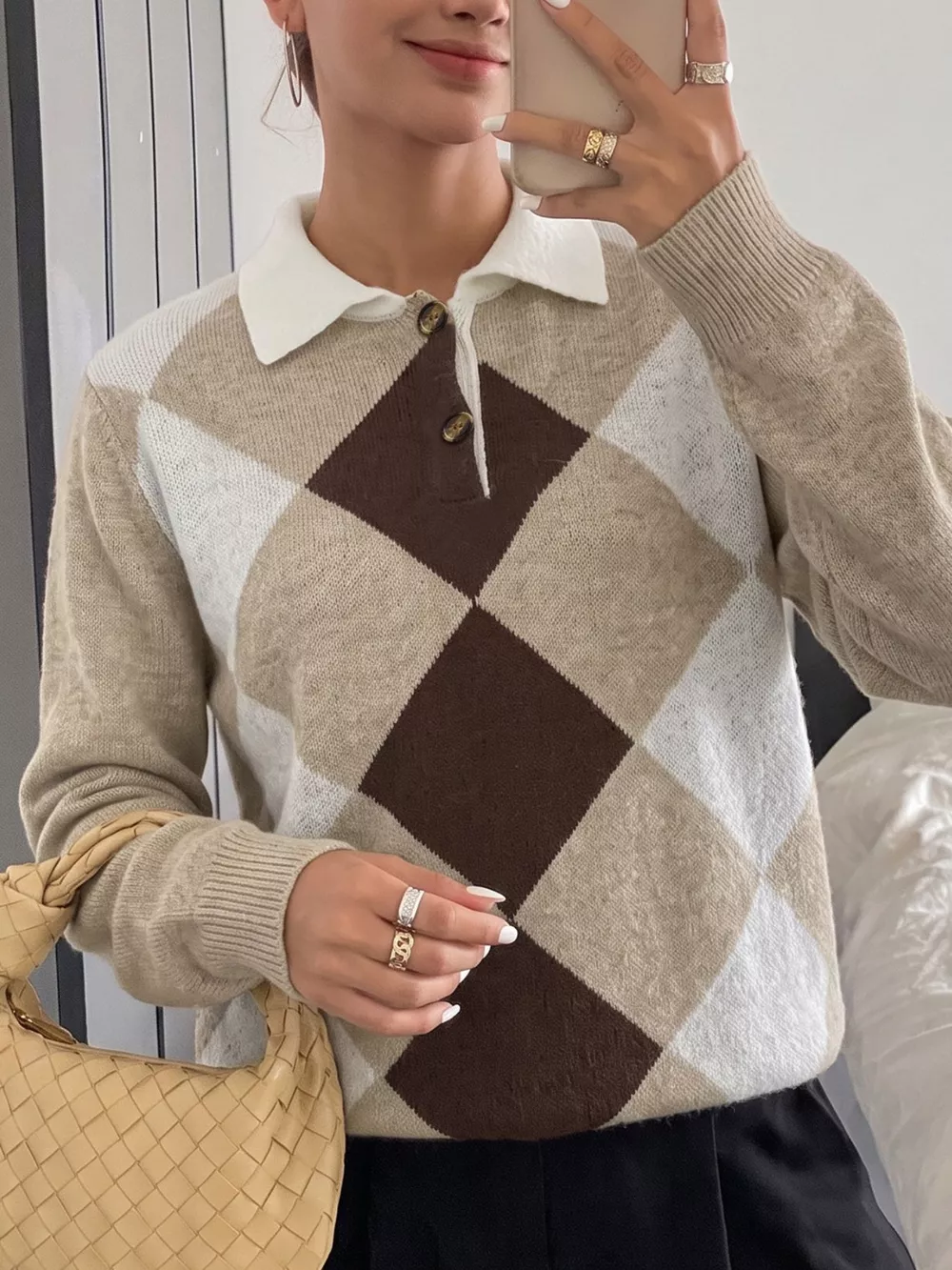 Argyle Patterned Polo Collar Sweater