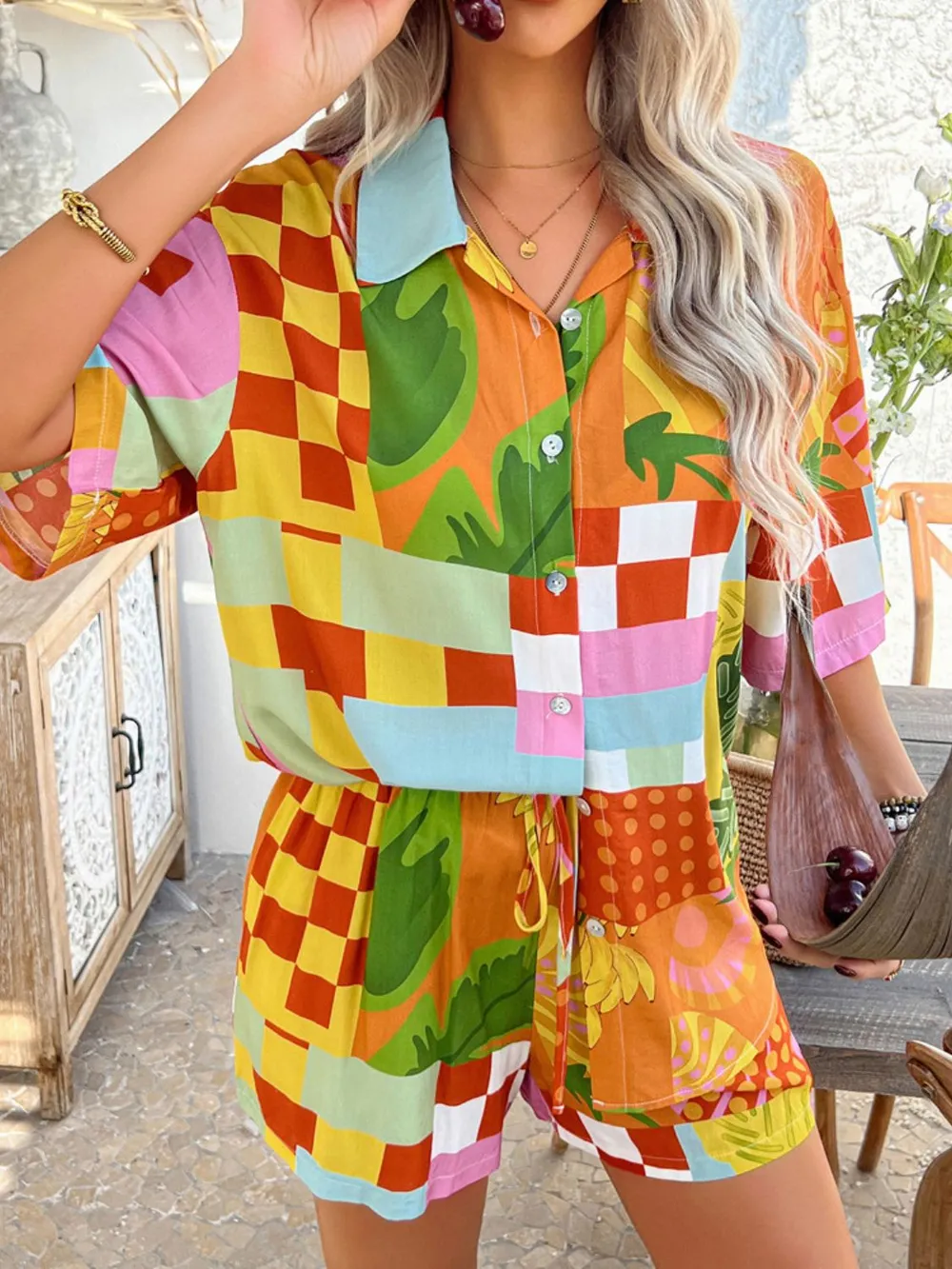 Printed Collared Neck Half Sleeve Top and Shorts Set, image 3