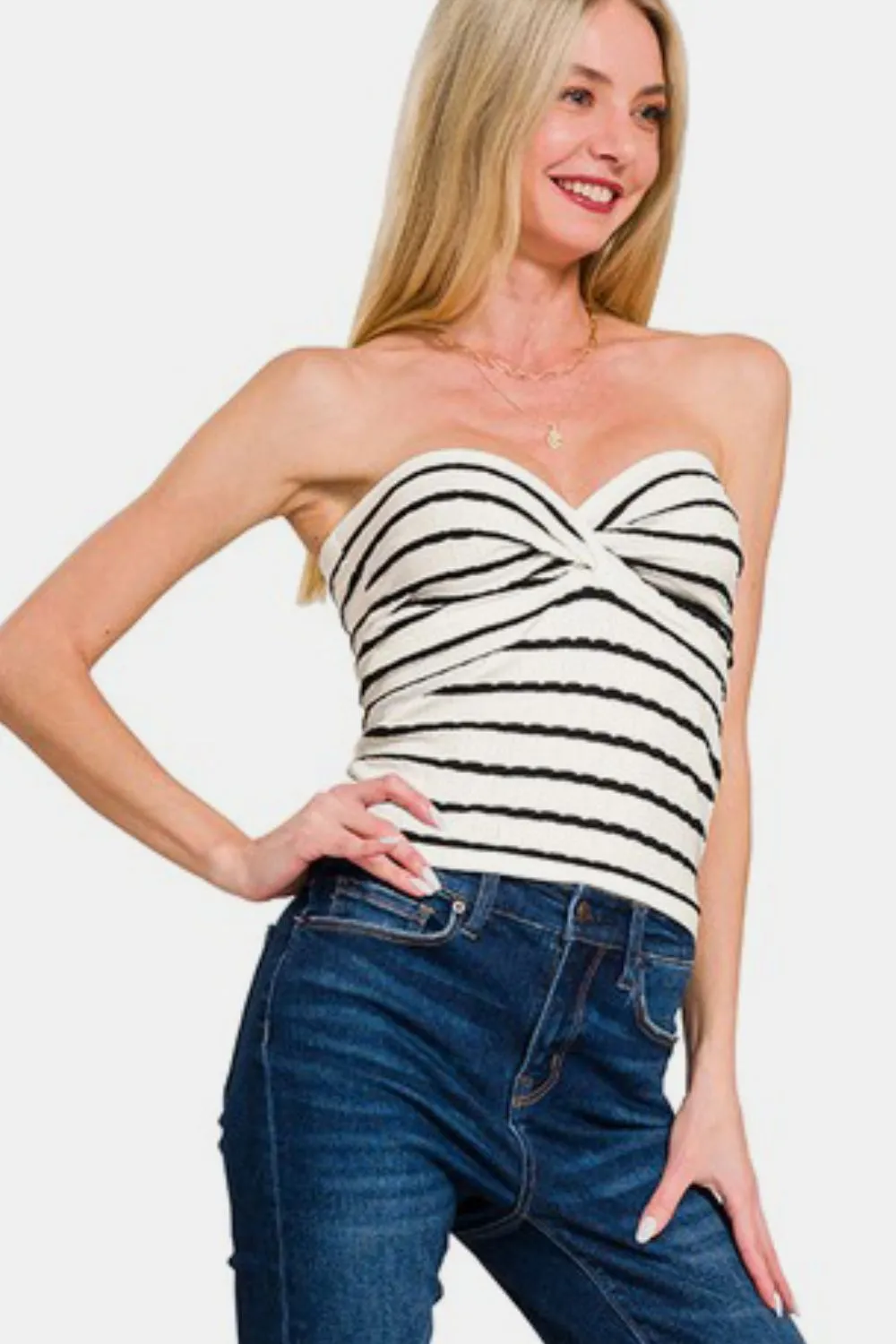 Twisted Sweetheart Neck Striped Tube Top, image 3