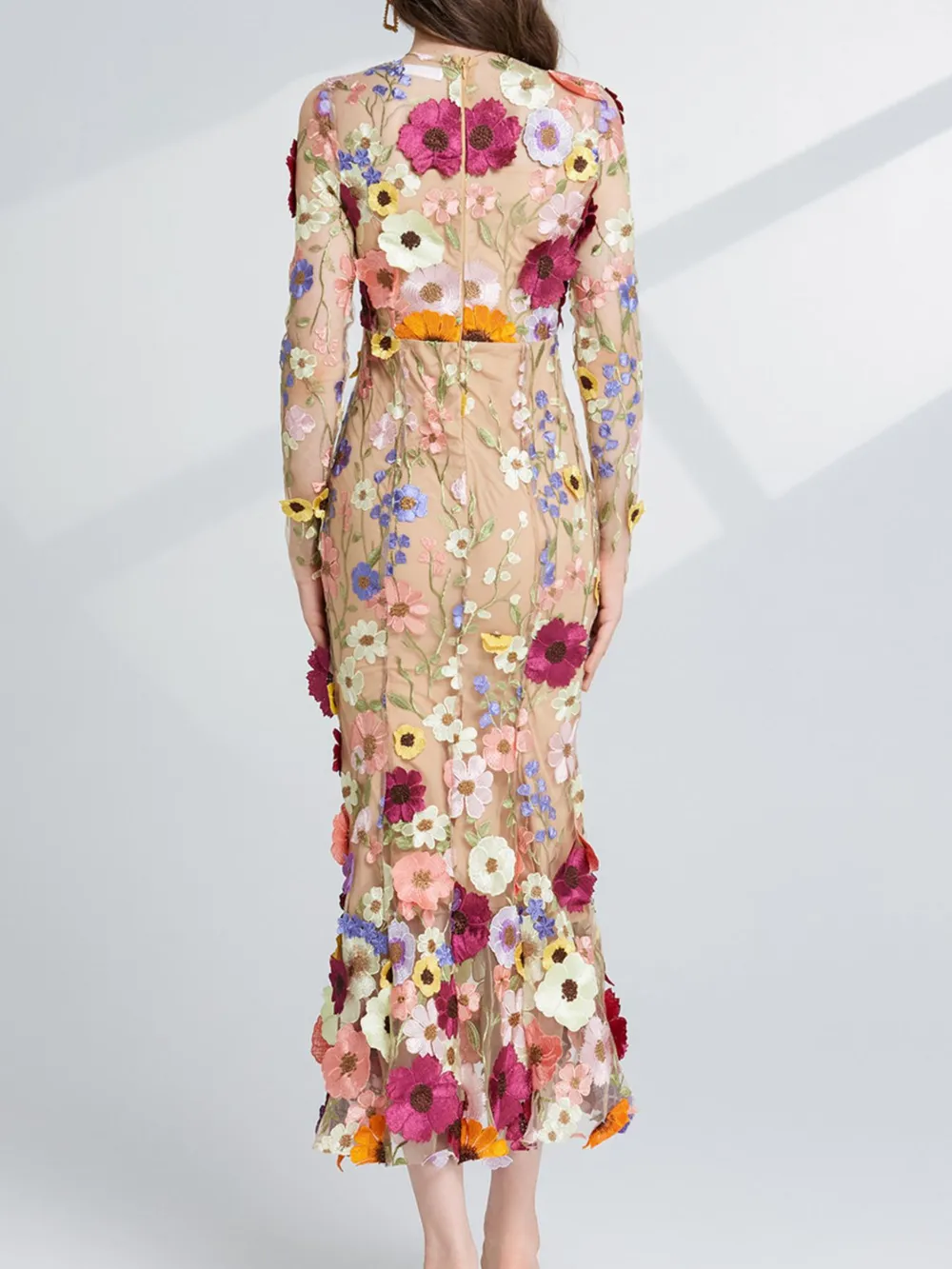Floral Embroidered Mesh Long Sleeve Midi Dress, image 18
