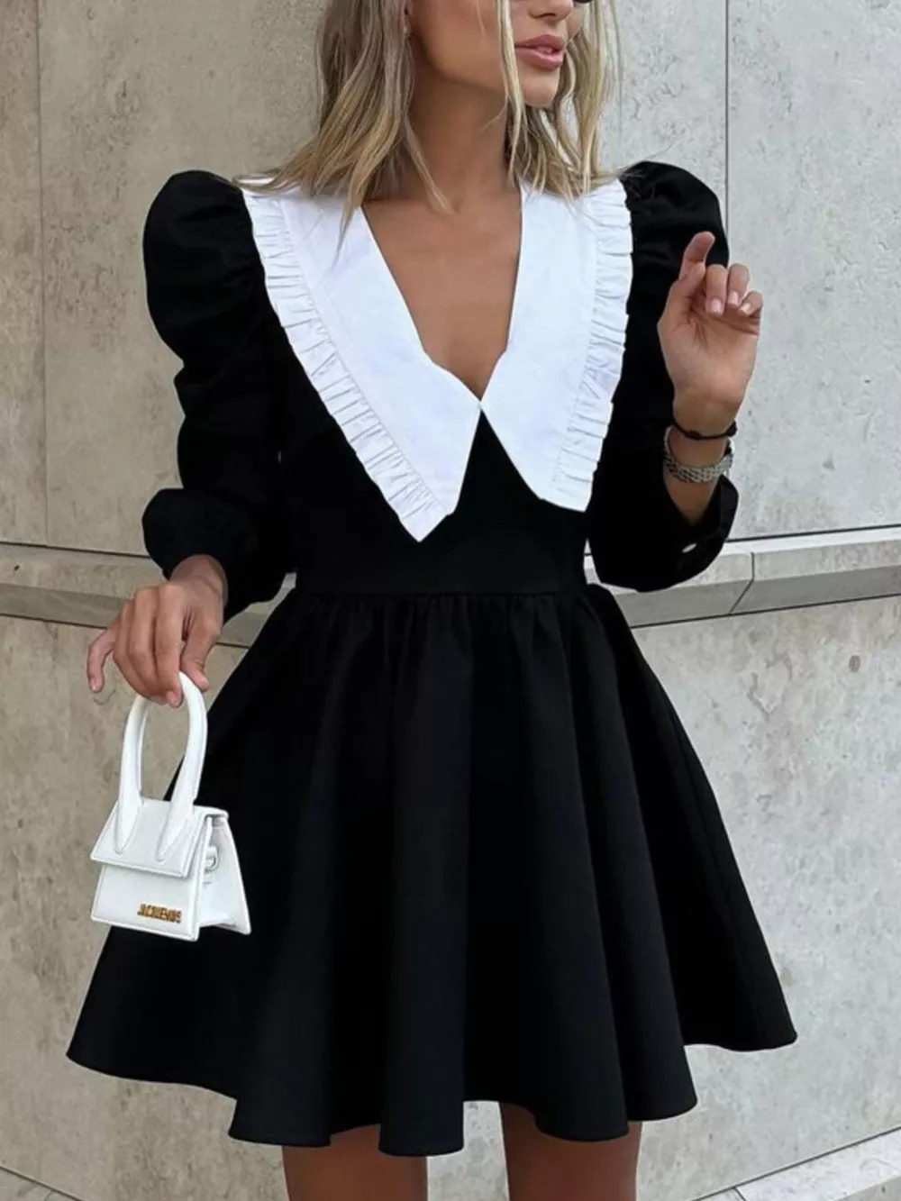 Puff Sleeve Contrast Collar Dress, image 2