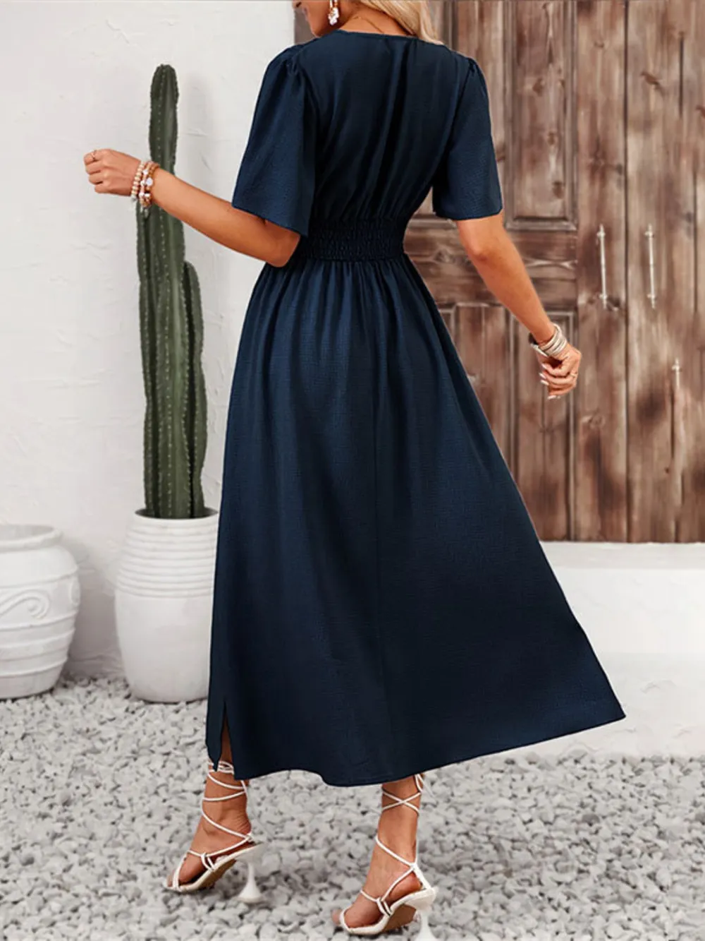 Side Slit Surplice Flutter Sleeve Midi Dress, image 7