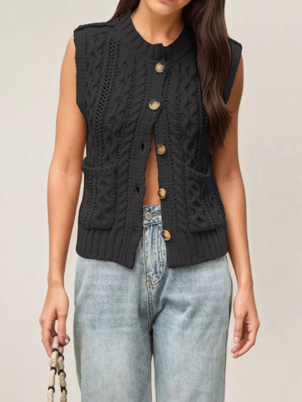 Cable-Knit Button-Down Sweater Vest, image 6
