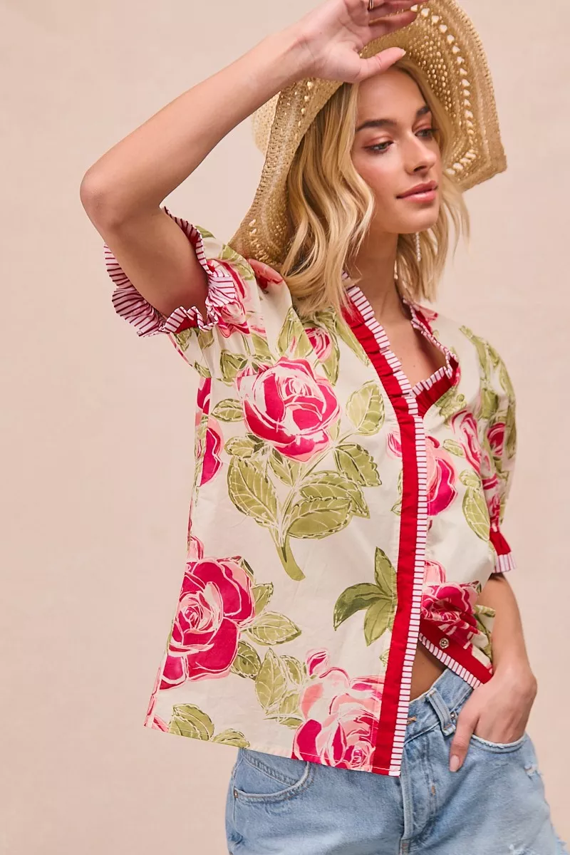 Floral Printed Woven Contrast Edge Ruffled Blouse, image 3