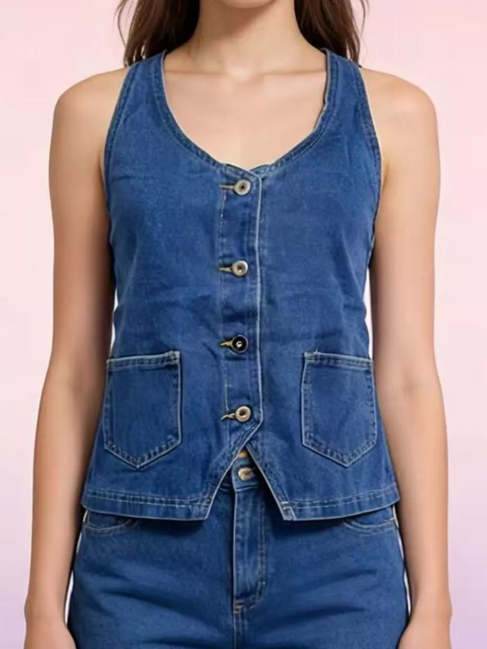 Halter Neck Button-Down Denim Vest, image 8