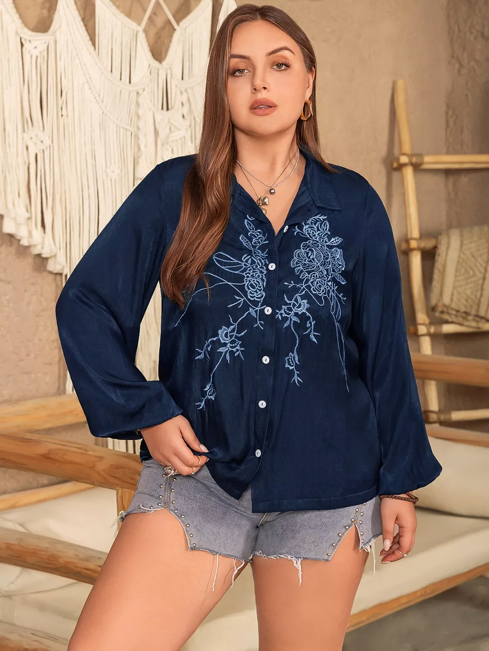 Plus Size Embroidered Long Sleeve Shirt, image 4