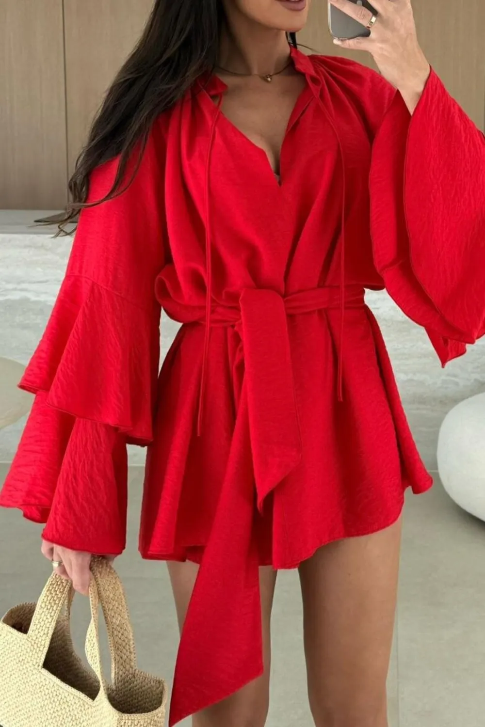 Bell Sleeve Tie Waist Mini Shirt Dress, image 15