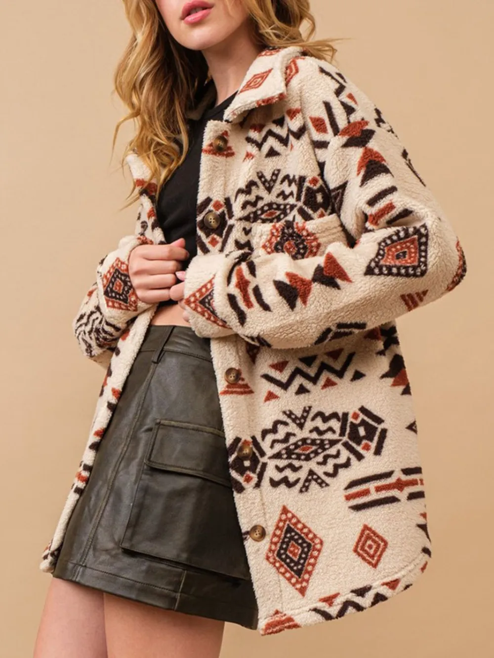 Geometric Button Up Long Sleeve Sherpa Jacket, image 7