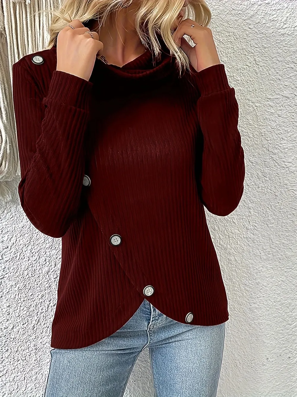 Decorative Button Turtleneck Long Sleeve T-Shirt, image 2