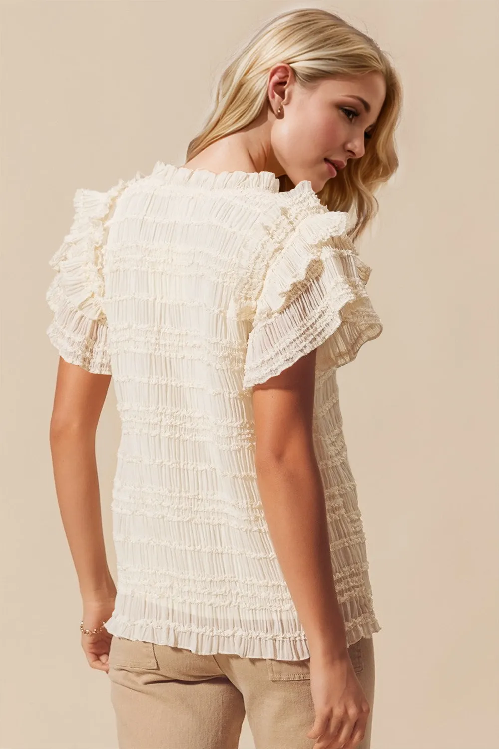 Full Size Frill Notched Flounce Sleeve Blouse, image 3