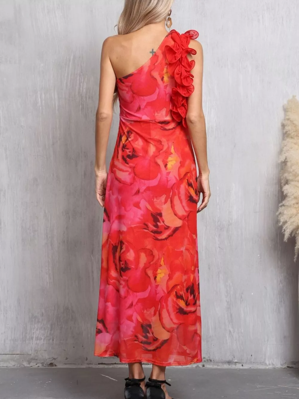 Floral Print One Shoulder Ruffle Trim Dress, image 4