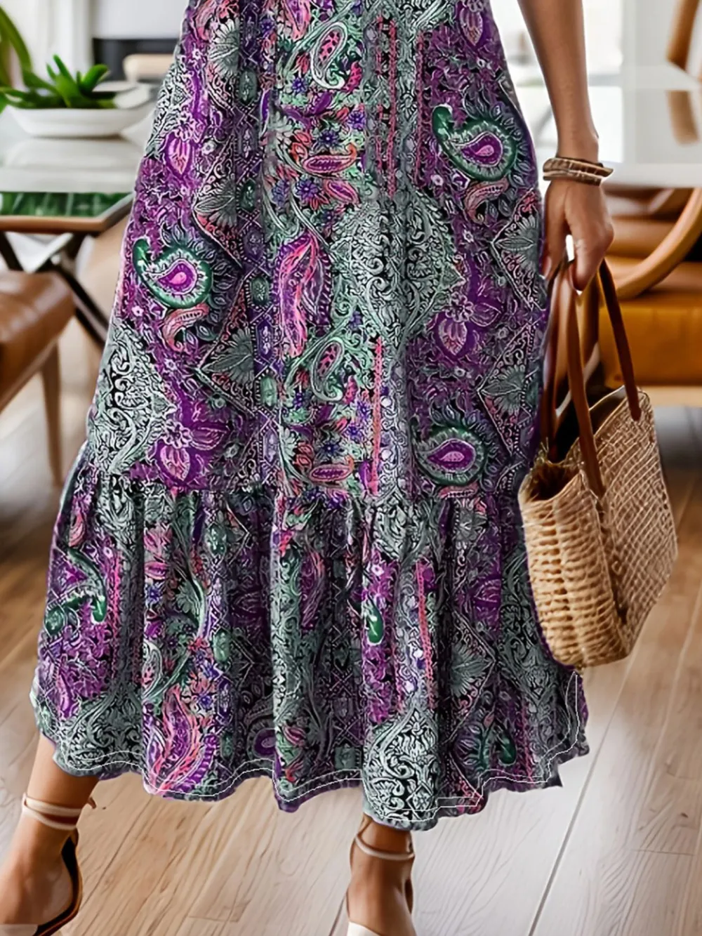 Full Size Bohemian Paisley Print Ruffle Hem Midi Dress Plus Size, image 3