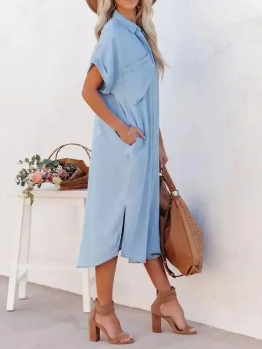 Button Down Denim Midi Shirt Dress, image 5