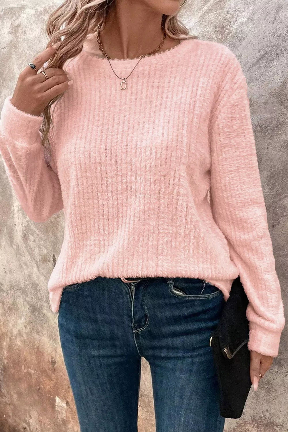 Fuzzy Ribbed Texture Round Neck Long Sleeve Top, image 3