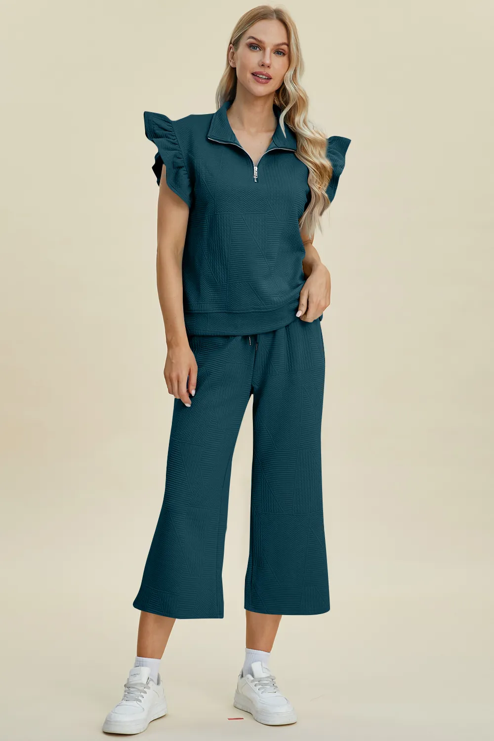 Full Size Texture Ruffle Short Sleeve Top and Wide Leg Pants Set, image 22