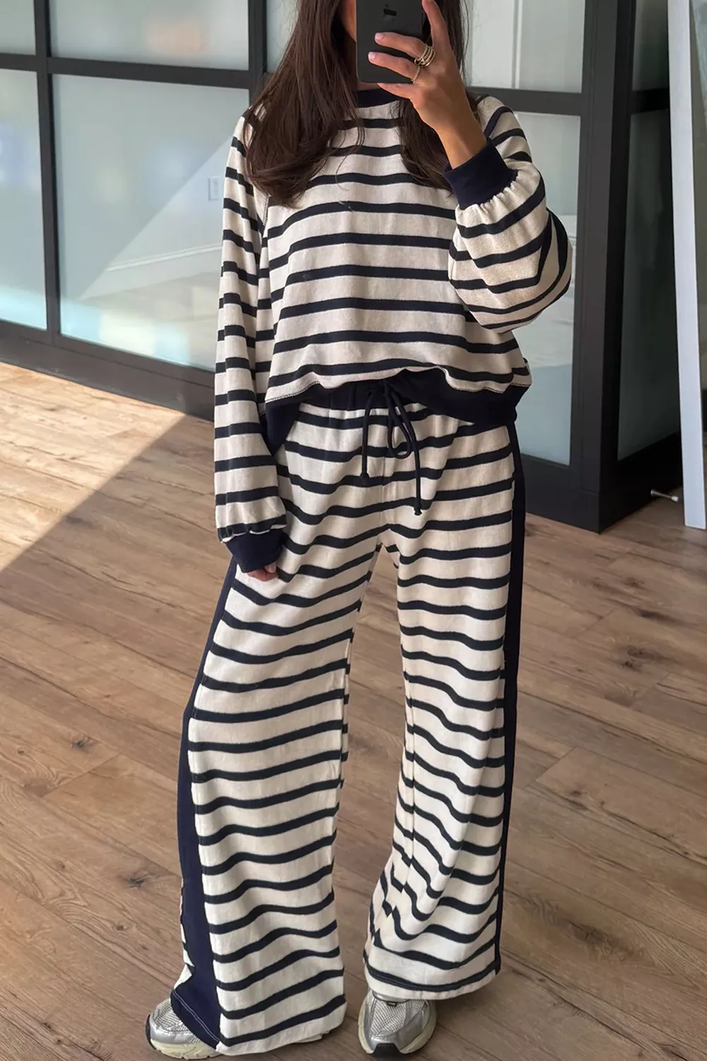 Stripe Relaxed Long Sleeve Top Color Block Detail Drawstring Pant Set, image 2