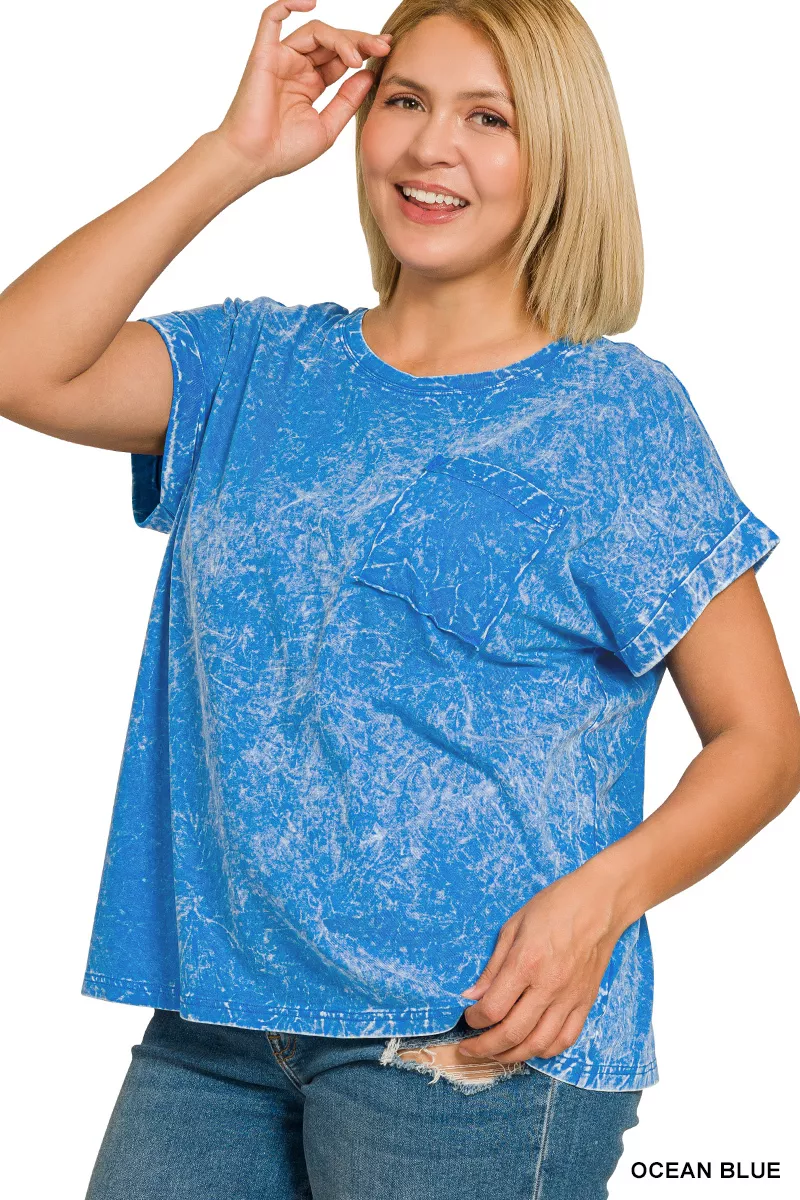 Full Size Crinkle Washed Round Neck Folded Short Sleeve Tee Plus Size, image 2