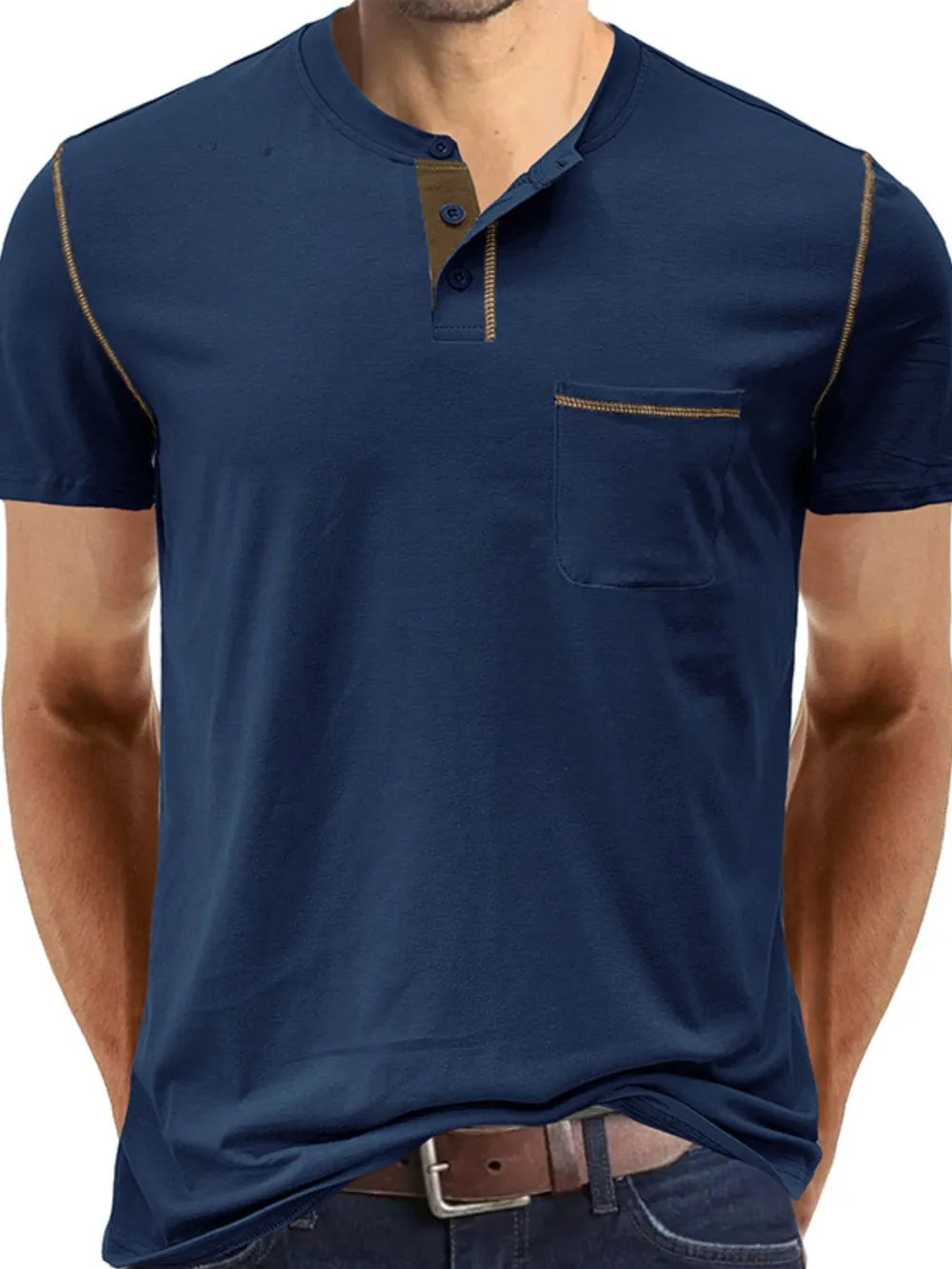 Men's Full Size Casual Henley T-Shirt with Contrast Stitching and Pocket Plus Size, image 2