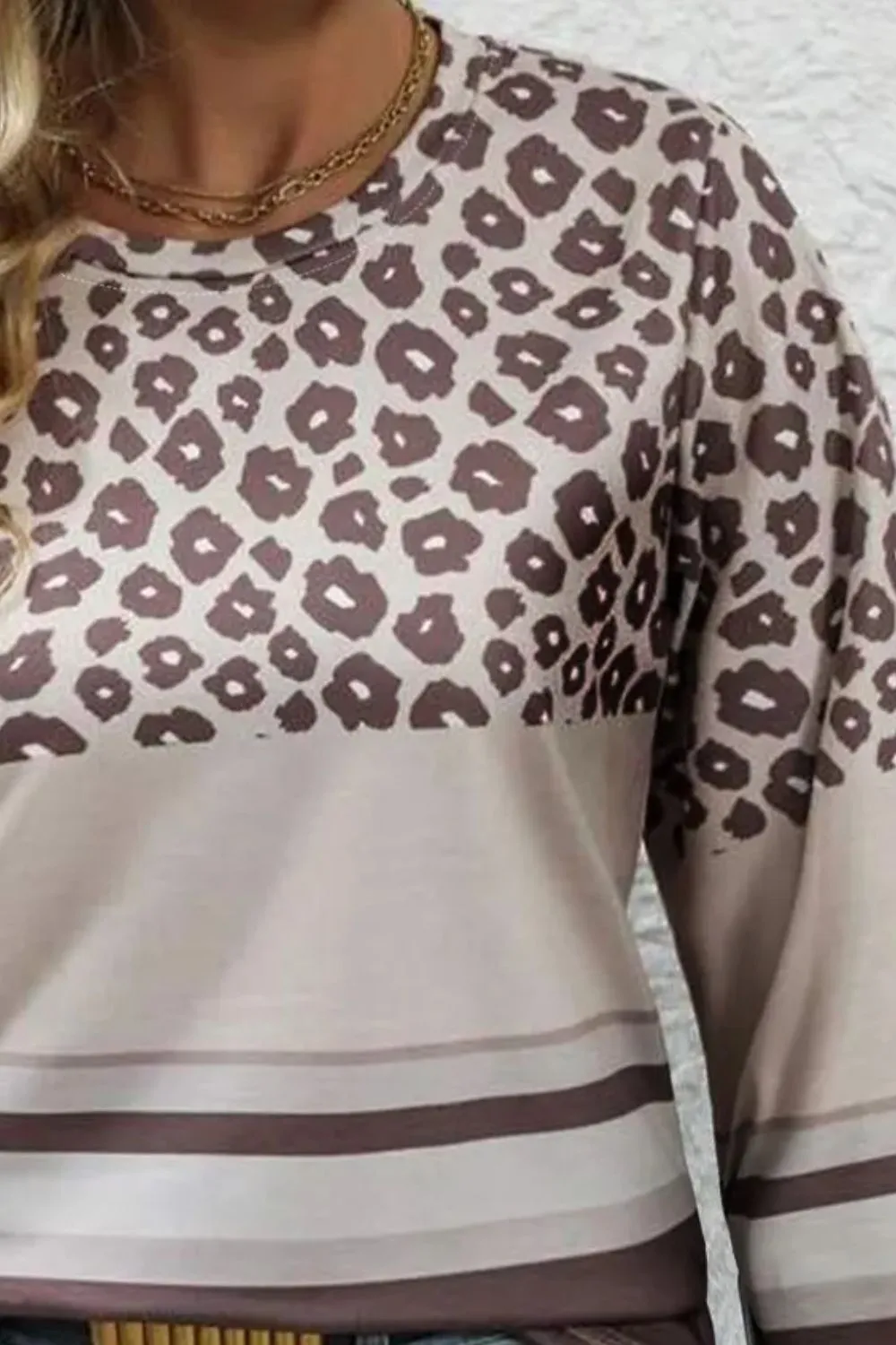 Plus Size Leopard Round Neck Long Sleeve Top, image 3