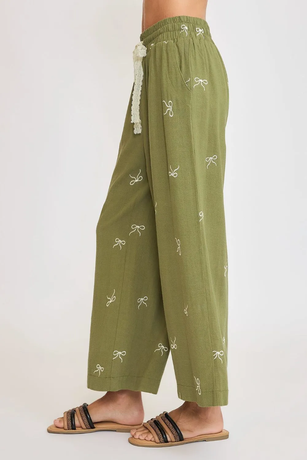 Full Size Lace Drawstring Embroidered Bow Wide Leg Pants Plus Size, image 2