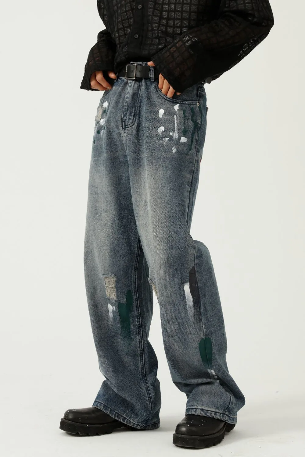 Washed Distressed Wide-Leg Jeans, image 2