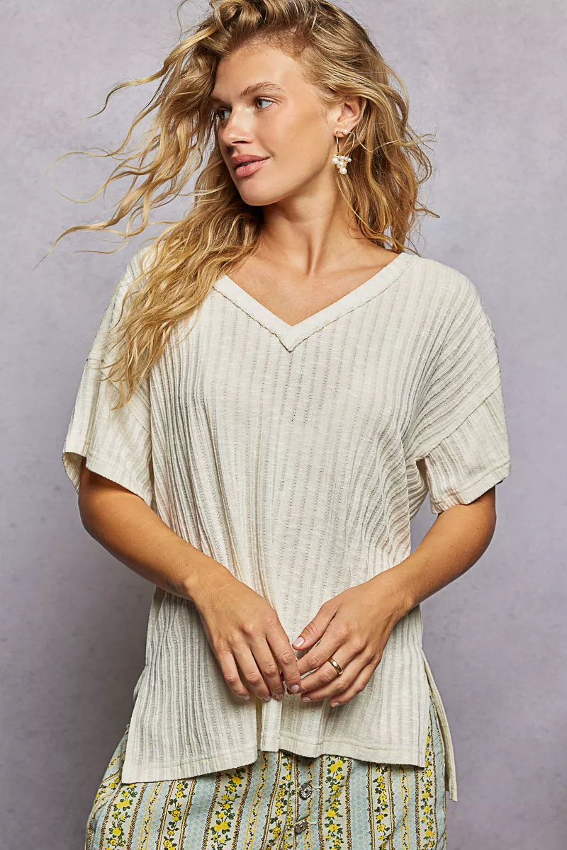 Ribbed Knit V-Neck Short Sleeve T-Shirt with Side Slit, image 4