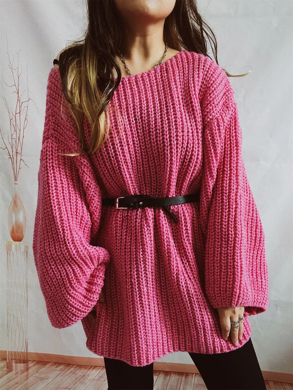 Boat Neck Long Sleeve Sweater with Belt, image 9