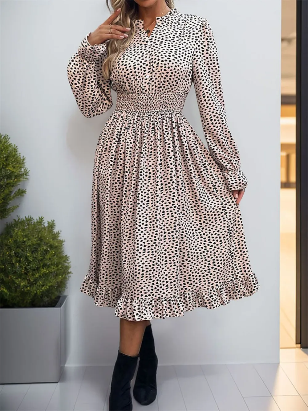 Ruched Ruffled Leopard Long Sleeve Dress, image 4