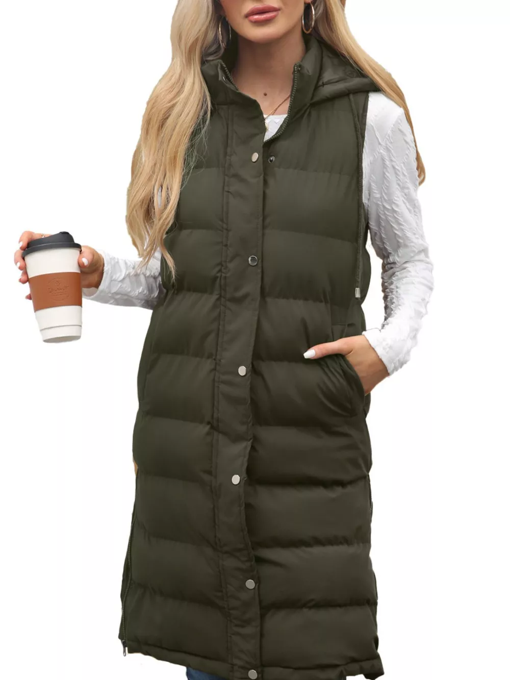 Full Size Snap Down Hooded Padded Longline Vest Coat Plus Size, image 16
