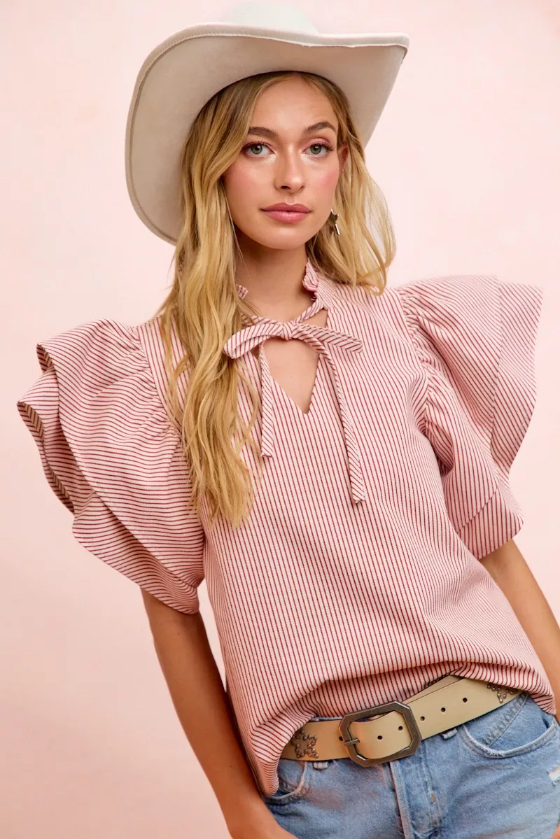 Twill Striped Ruffle Sleeve Blouse, image 5