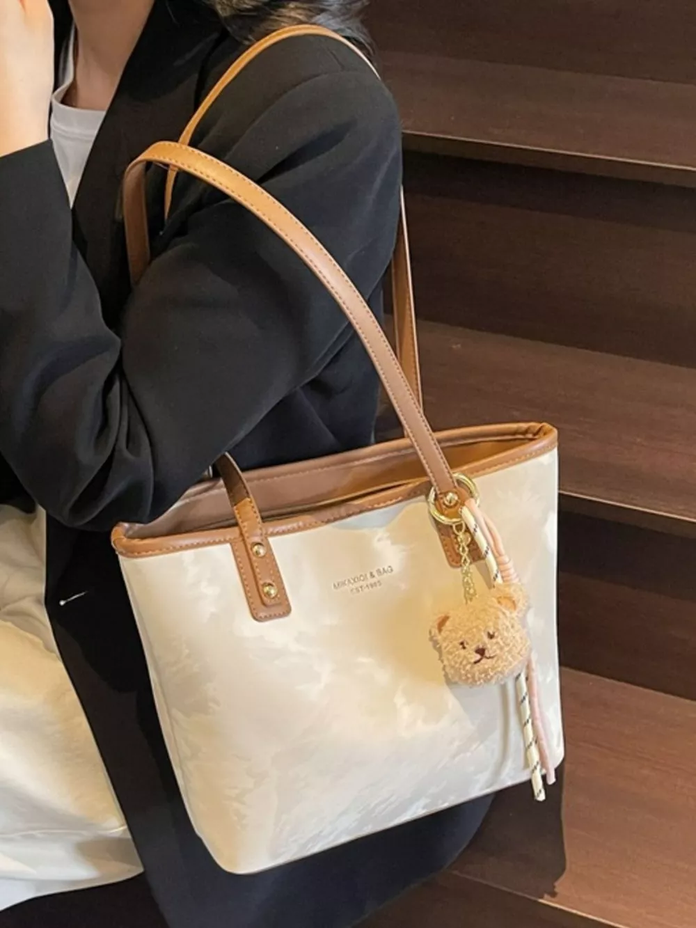 Tote Shoulder Bag with Bear Charm, image 2