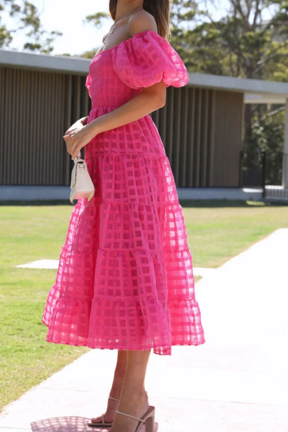 Off Shoulder Short Puff Sleeve Midi Dress, image 18