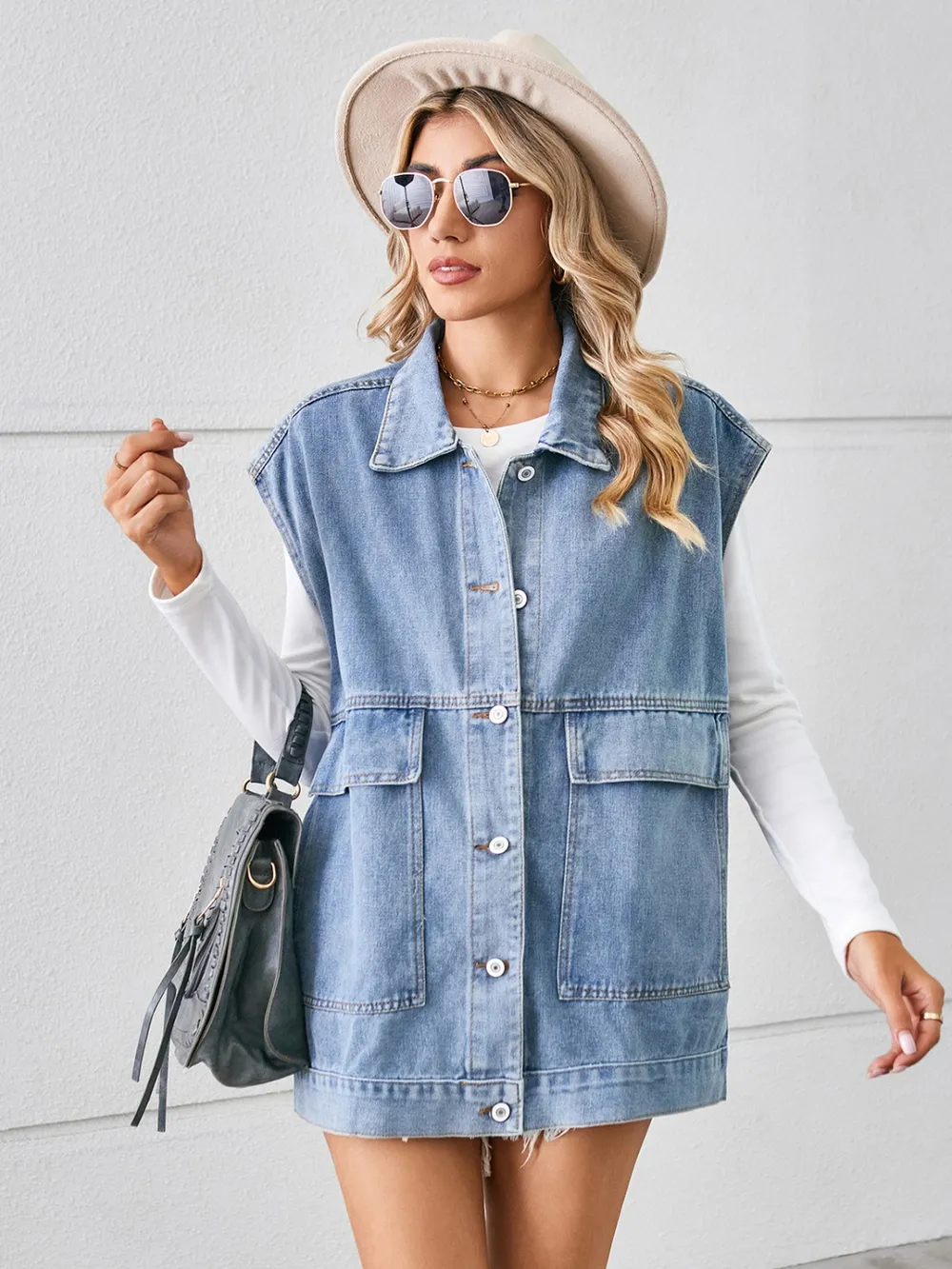 Pocketed Button Up Sleeveless Denim Jacket, image 11
