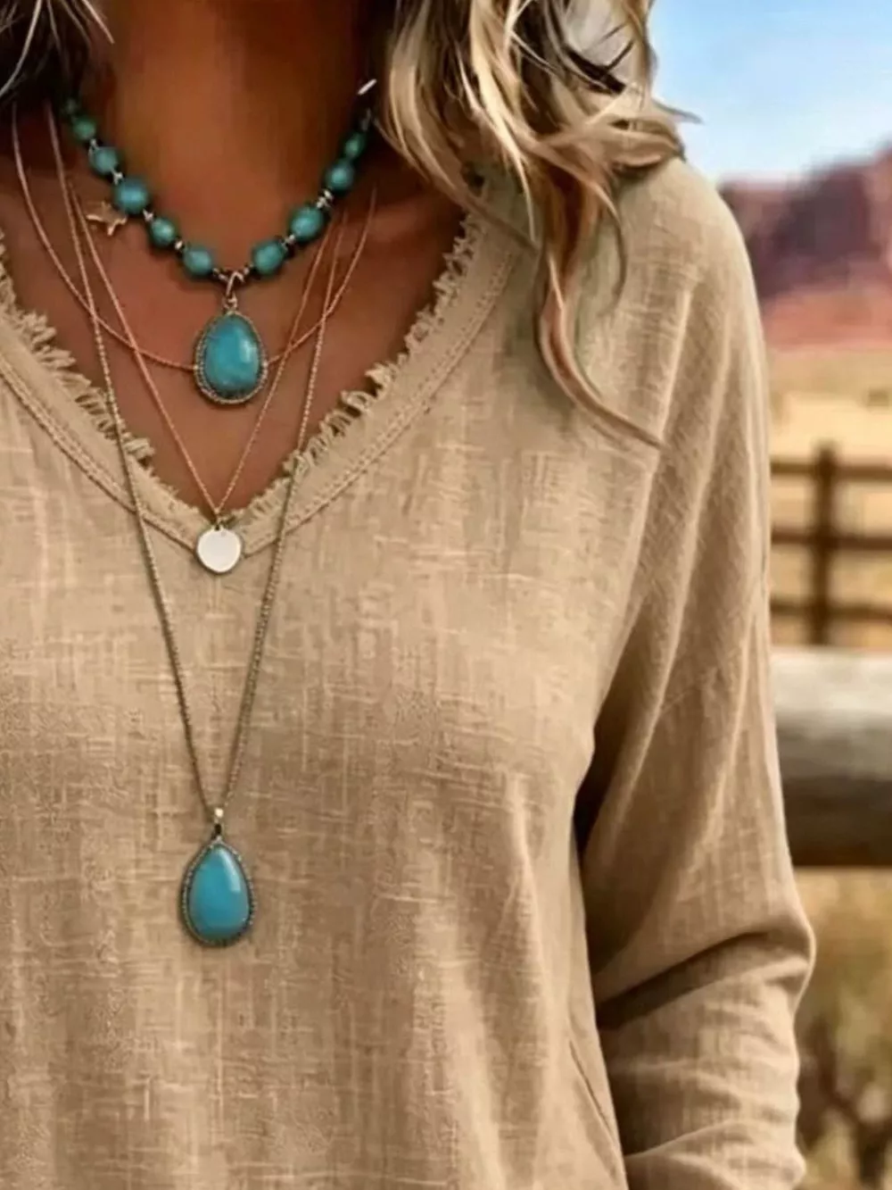 V-Neck Long Sleeve Blouse with Frayed Hem Detail, image 2