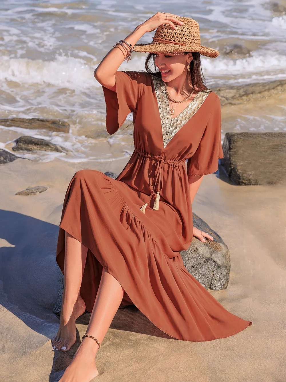 Ruffled Tassel V-Neck Flutter Sleeve Dress, image 6
