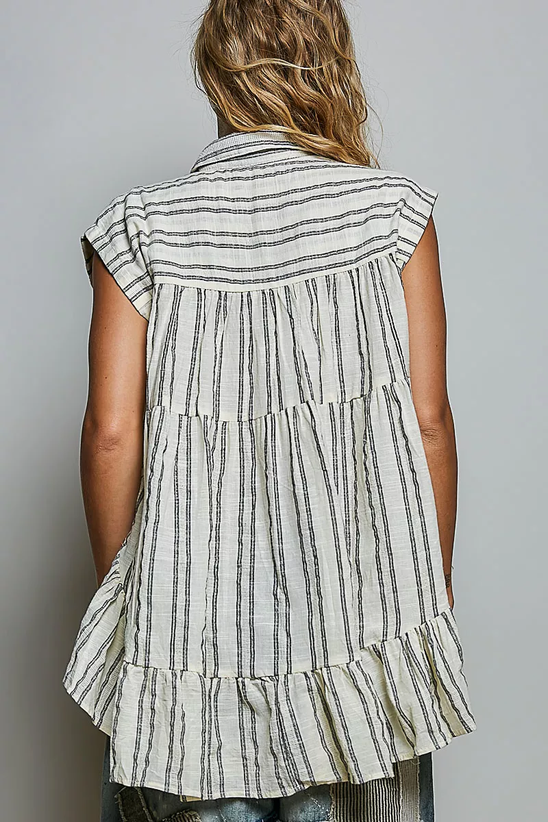 POL Striped Ruffle Collared Sleeveless Cotton Top, image 3