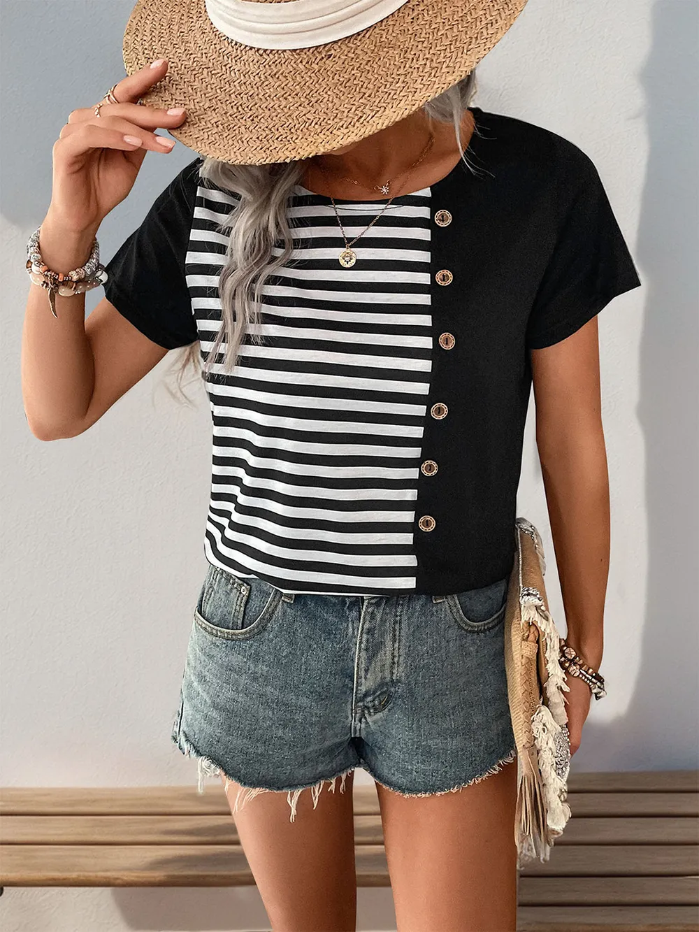 Striped Round Neck Short Sleeve T-Shirt, image 4