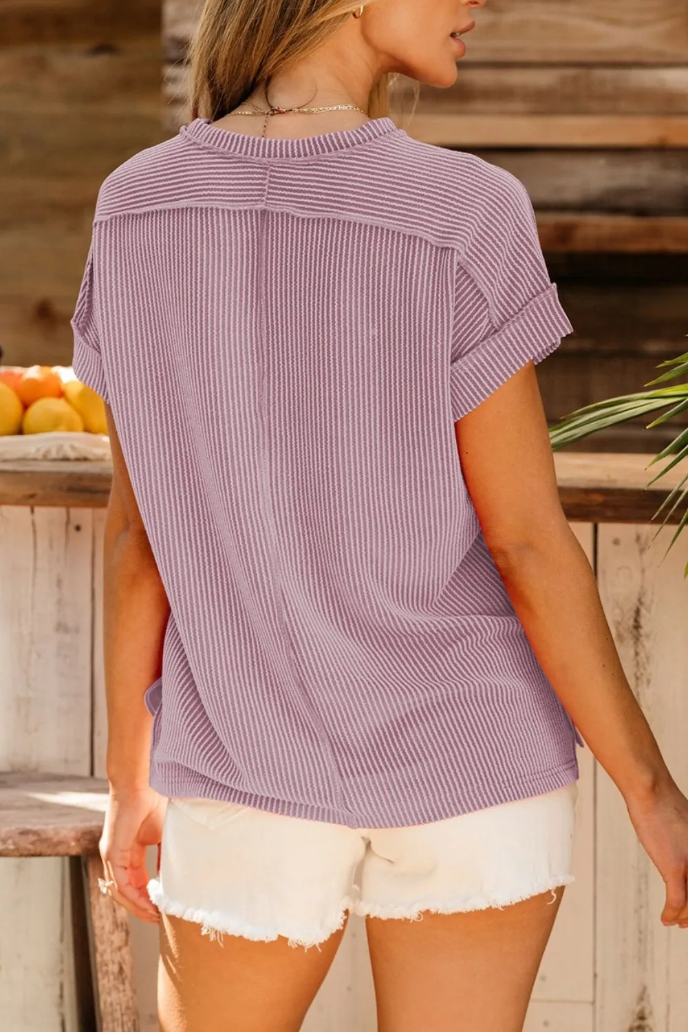 Casual Ribbed Short Sleeve Round Neck T-Shirt, image 19