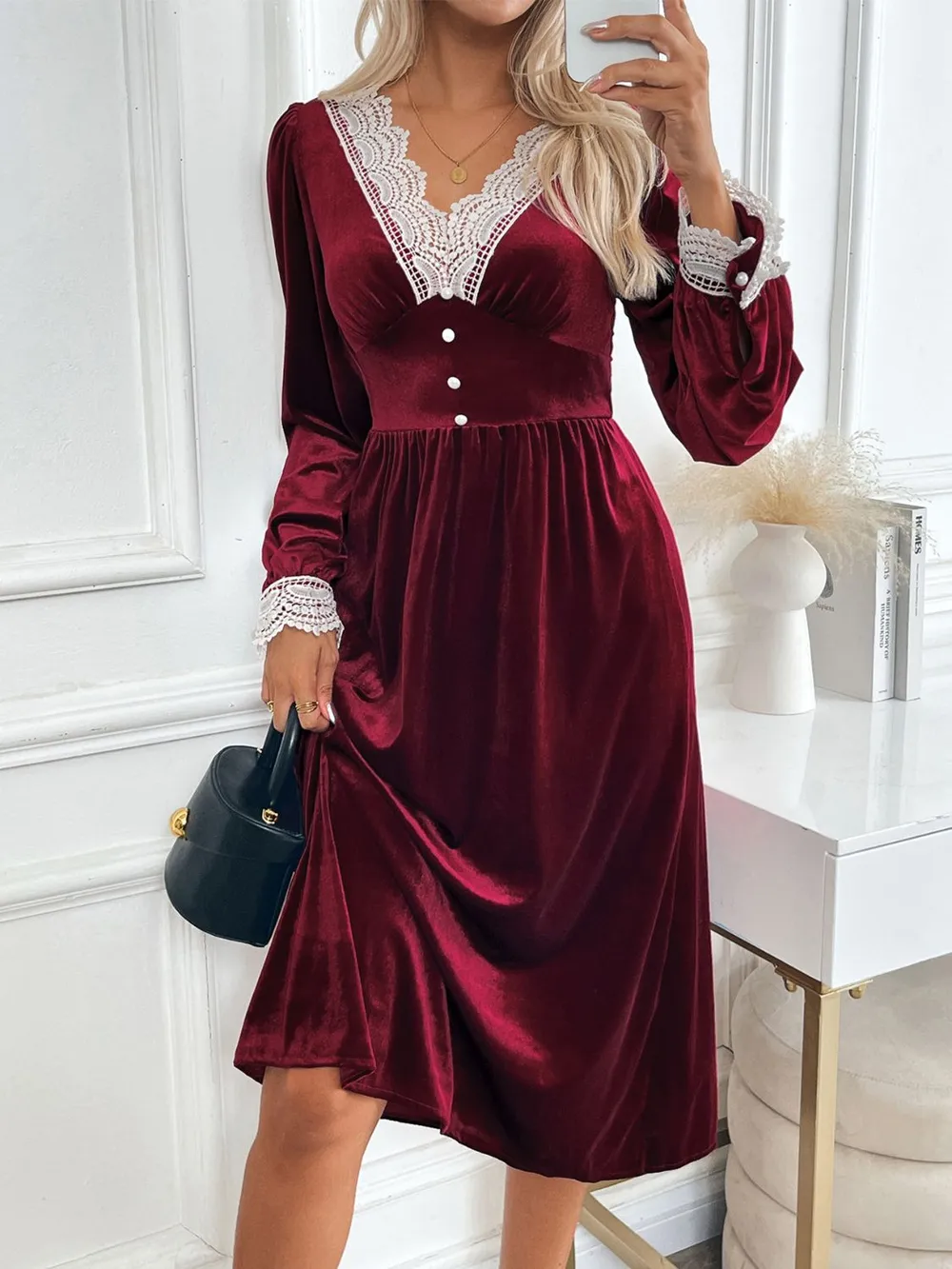 Lace Detail V-Neck Long Sleeve Midi Dress, image 3