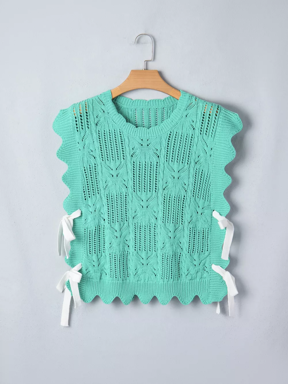 Pointelle Knit Patterned Scalloped Trim Short Sleeve Sweater, image 5