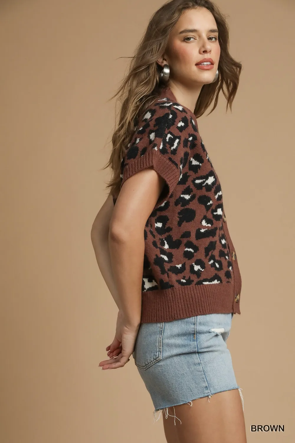 Leopard Button Down Short Sleeve Cardigan, image 3