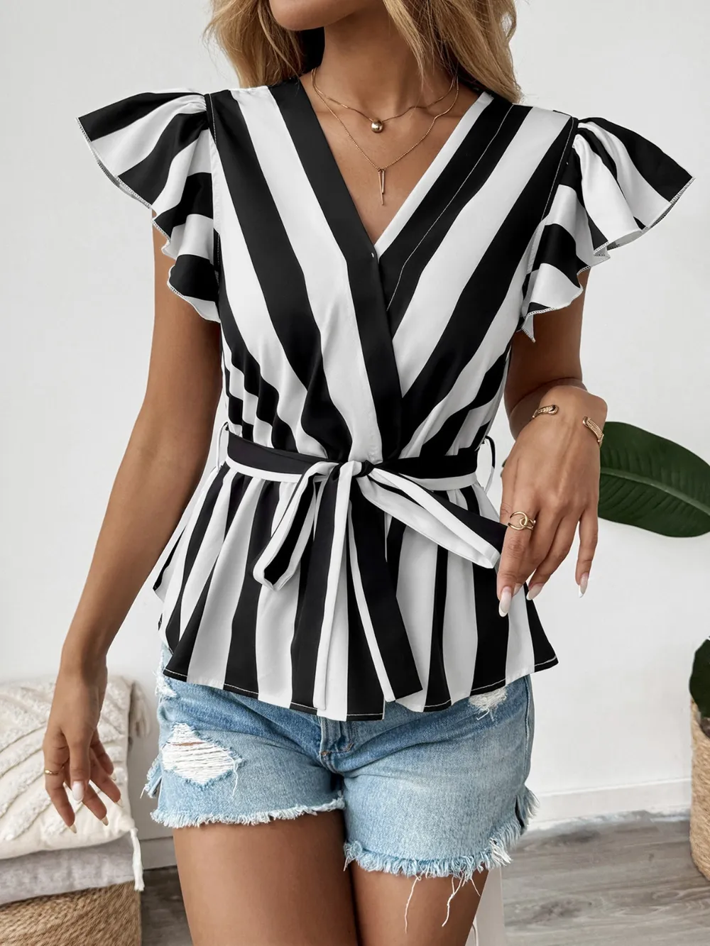 Striped Surplice Flutter Sleeve Wrap Blouse, image 6