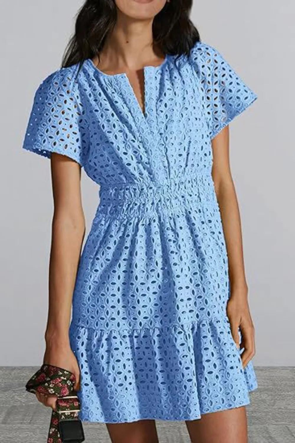 Eyelet Notched Short Sleeve Mini Dress, image 13