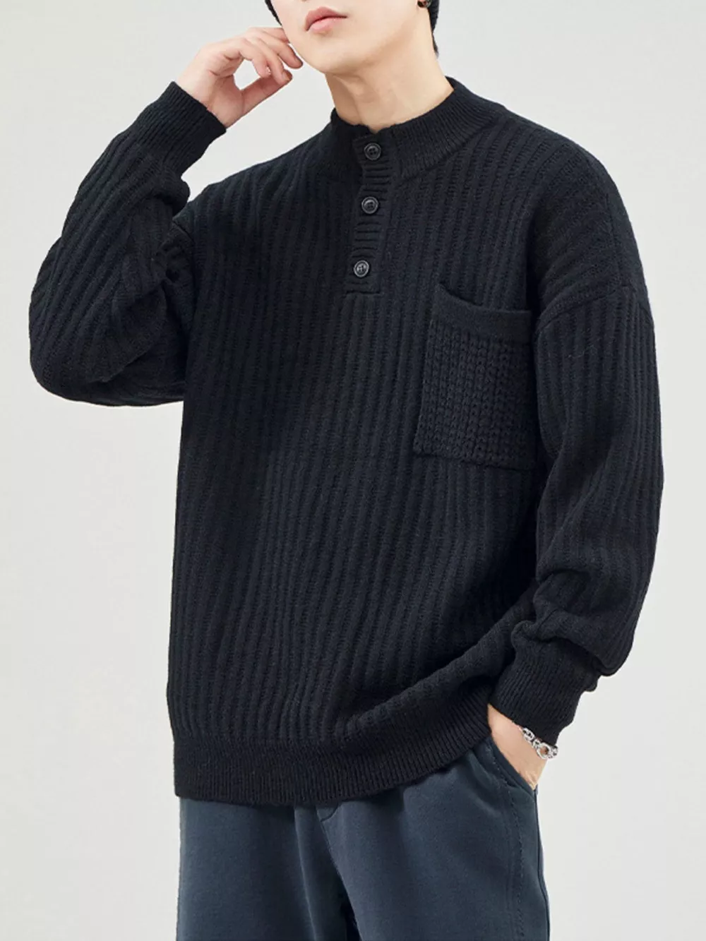 Men's Full Size Button Detail Long Sleeve Sweater Plus Size, image 5
