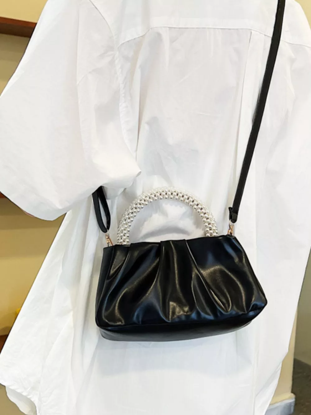 Pearl Handle Ruched Crossbody Bag, image 4